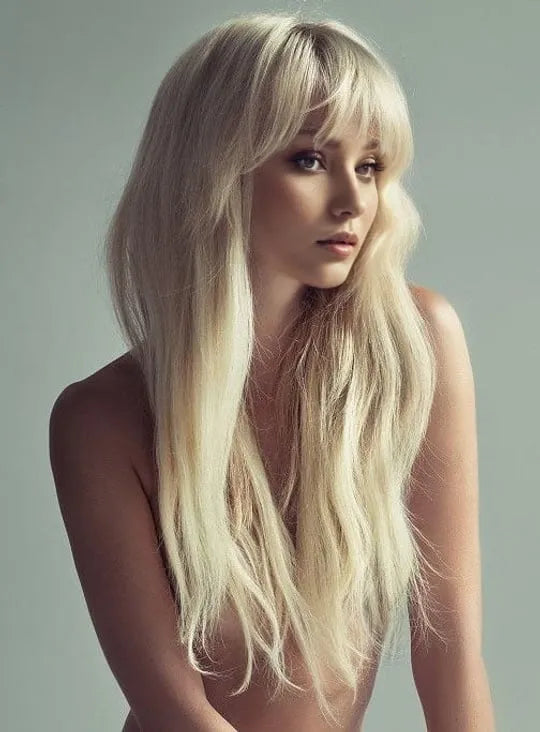 Long Loose Straight With Bangs 100% Human Hair Capless 24 Inches Wigs