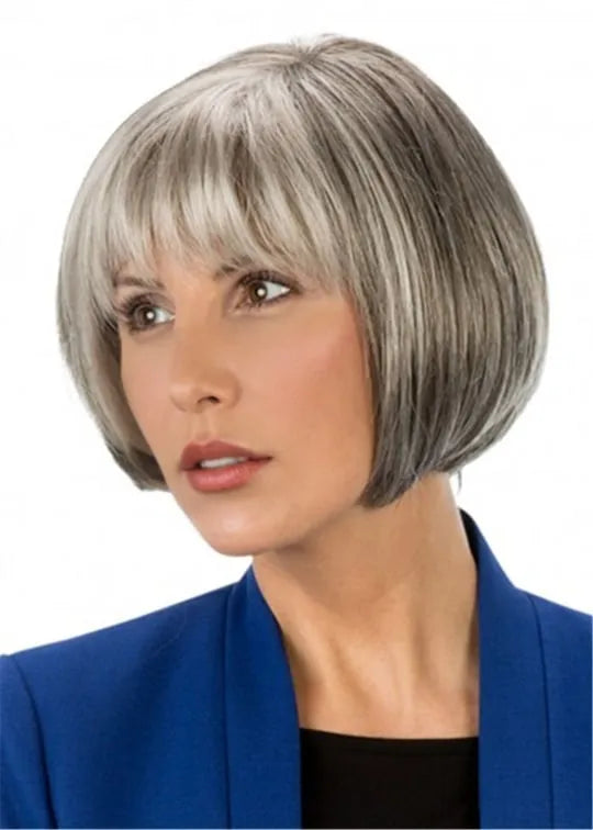Women's Chin Length Short Grey Bob Synthetic Straight Hair Wig With Full Bangs 10Inch