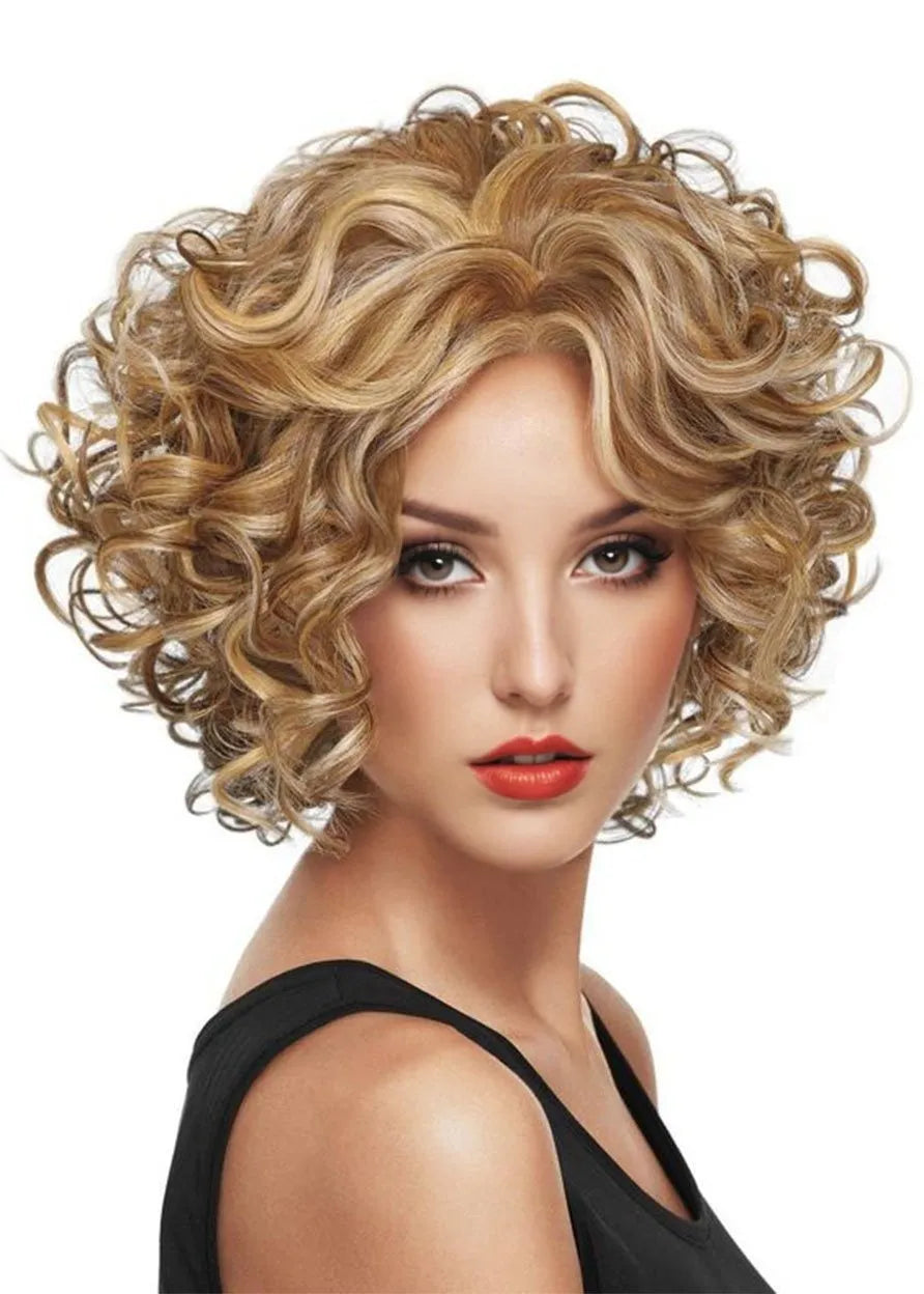 Short Layered Hairstyles Curly Bob With Side Bangs Women's Human Hair Lace Front Wigs 14Inch