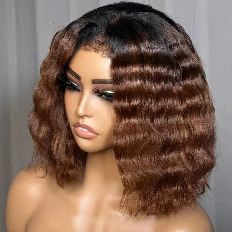 Chic Mid-part Lace Kinky Wave Wigs in Ombre Brown