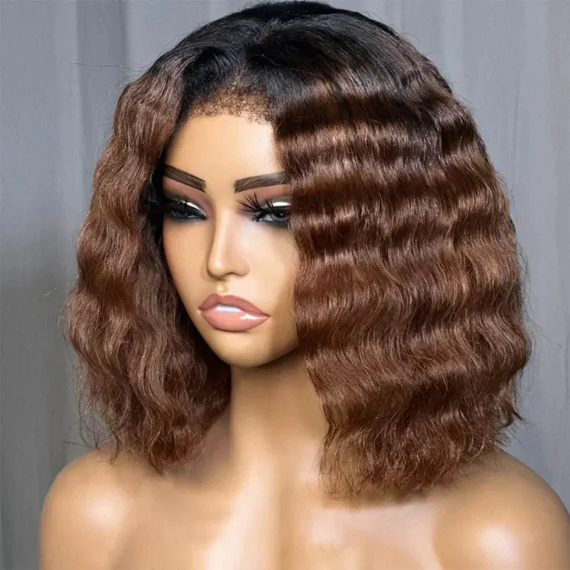 Chic Mid-part Lace Kinky Wave Wigs in Ombre Brown
