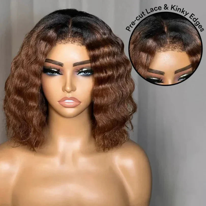 Chic Mid-part Lace Kinky Wave Wigs in Ombre Brown