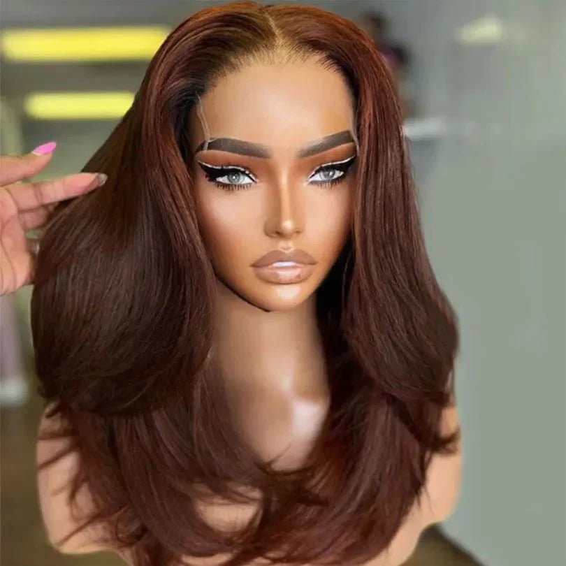Middle Part Layered Wavy Auburn Brown Lace Front Wigs