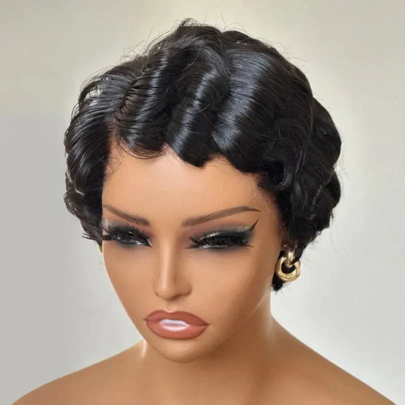 Retro Style Pixie Cut Finger Wave Wigs in Jet Black