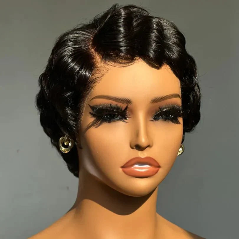 Retro Style Pixie Cut Finger Wave Wigs in Jet Black