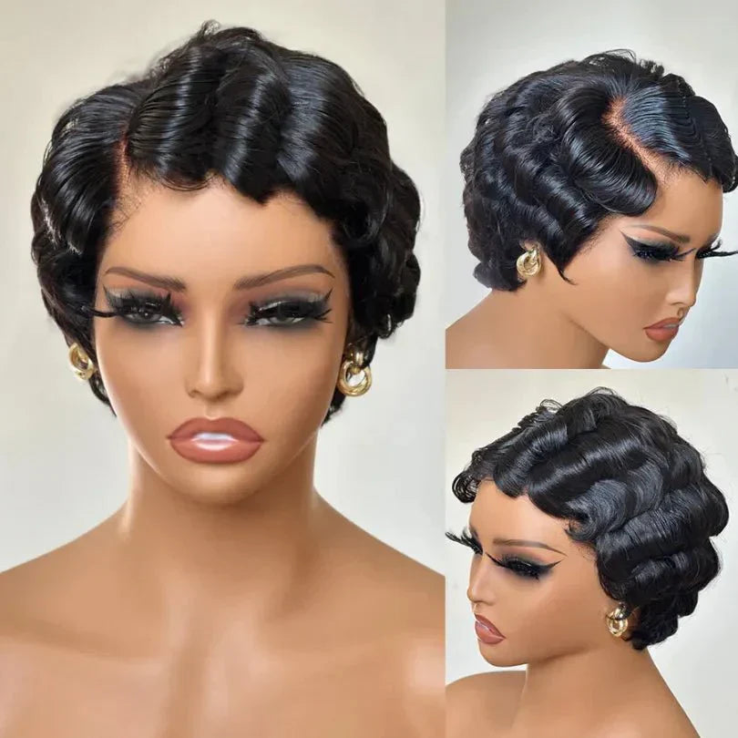 Retro Style Pixie Cut Finger Wave Wigs in Jet Black