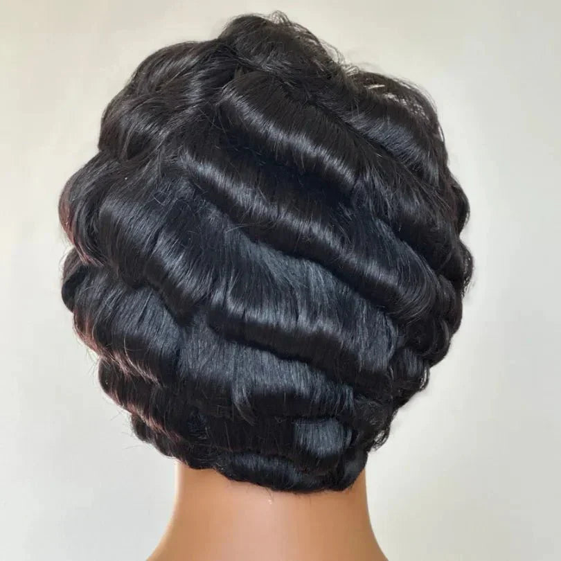 Retro Style Pixie Cut Finger Wave Wigs in Jet Black