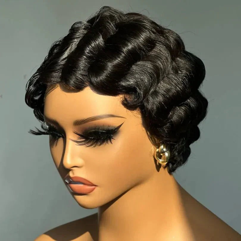 Retro Style Pixie Cut Finger Wave Wigs in Jet Black