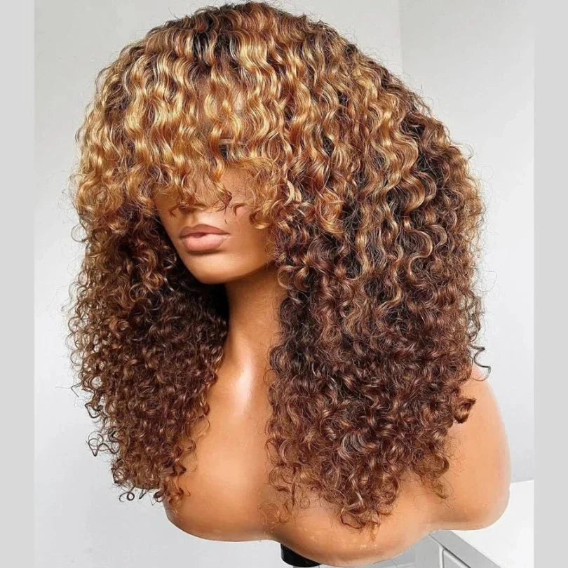 Unique Curly Brown Hair With Blonde Highlights Pre-Cut Wig
