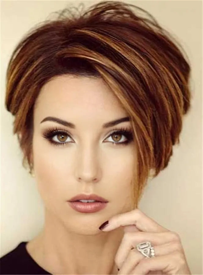 Short Straight Mixed Color Lob Lace Front Human Hair Wigs for Older Women