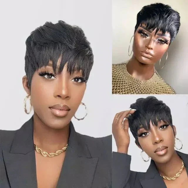 Human Hair Short Pixie Cut Wigs for Black/White Women Wavy Hair Wig with Bangs