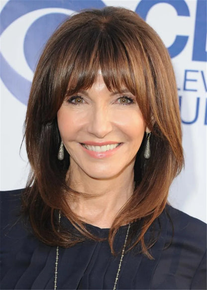 Women's Long Layered Straight Human Hair Capless Wigs Wth Bangs16 Inches