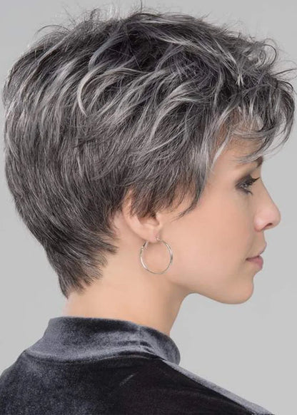 Women's Short Pixie Boy Cut Salt And Pepper Straight Synthetic Hair Capless Wigs 6Inch
