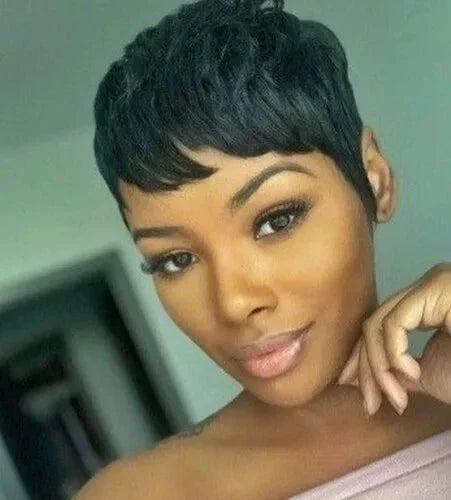 Human Hair Short Pixie Cut Wigs for Black/White Women Wavy Hair Wig with Bangs