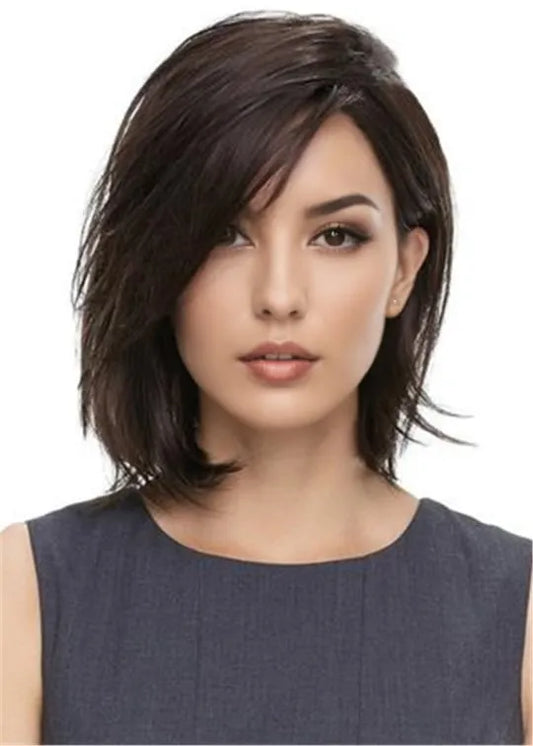 Middle Length Natural Straight Bob Hairstyle Blunt Cut Side Parted Synthetic Capless Wigs 12 Inches