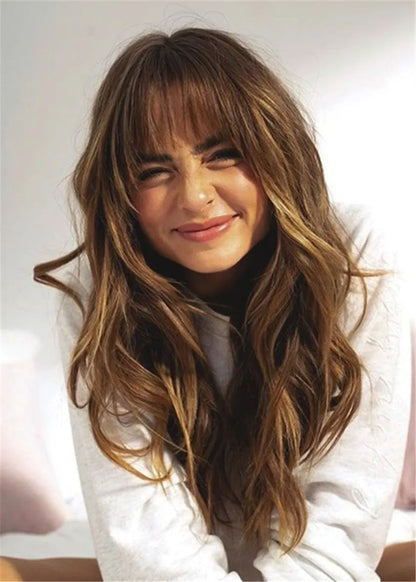 Long Wavy Human Hair Wig With Bangs Women Wig 24 Inches
