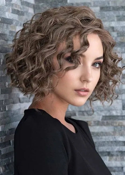 Women's Short Bob Curly Hairstyles Deep Curl Syntheic Hair Capless Wigs 16Inch