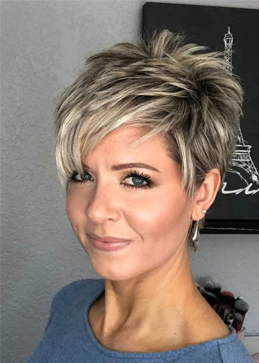 Women's Short Pixie Cut Hairstyle Stright Synthetic Hair Capless Wigs 6Inch