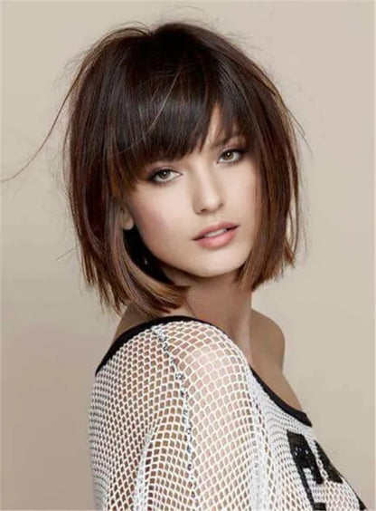 Short Straight Bob With Bangs Human Hair Capless Wig 8 Inches
