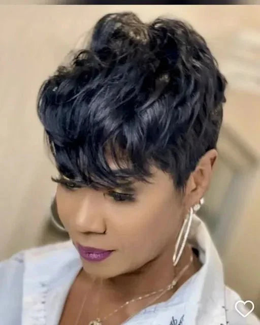 Human Hair Short Pixie Cut Wigs for Black/White Women Wavy Hair Wig with Bangs