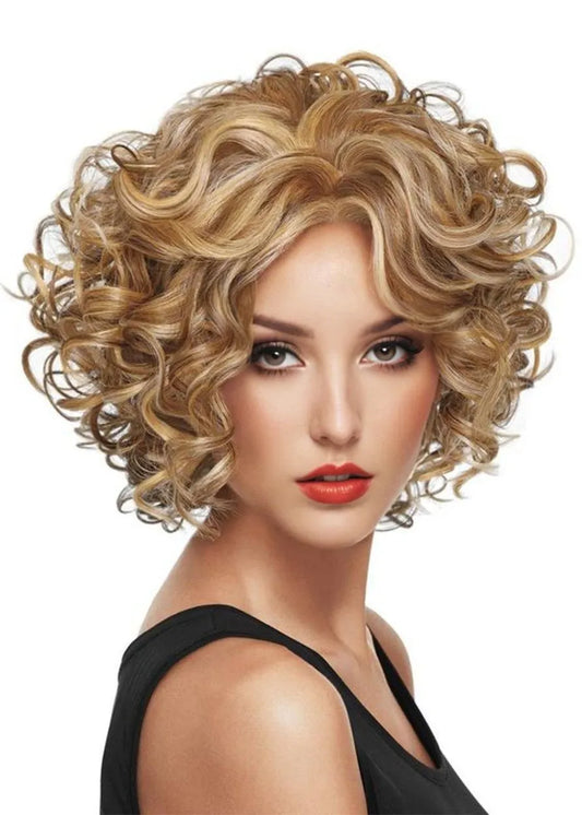 Short Layered Hairstyles Curly Bob With Side Bangs Women's Human Hair Lace Front Wigs 14Inch