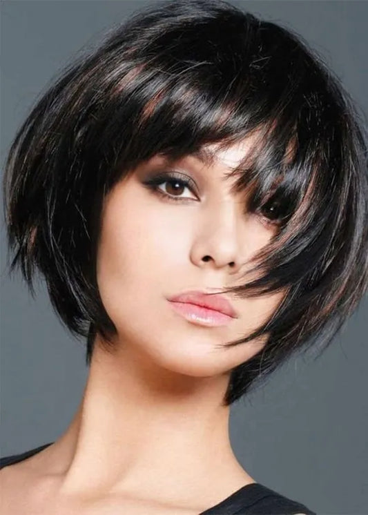 Women's Short Bob Hairstyle Natural Straight Human Hair Capless Wigs With Bangs 10Inch