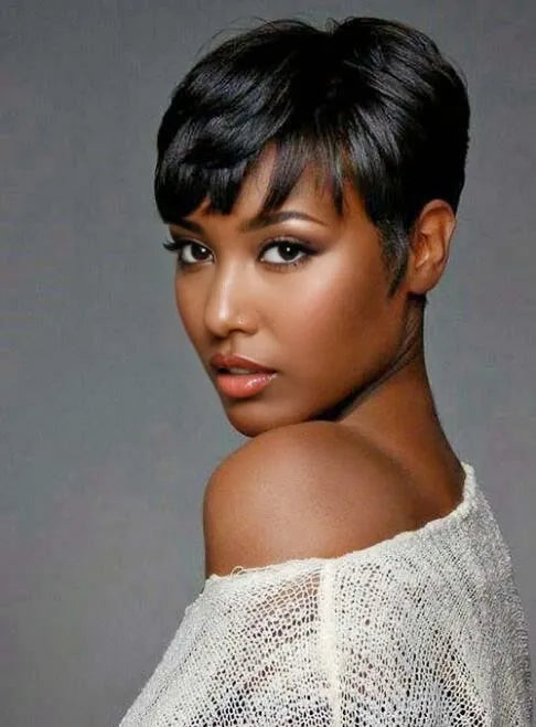 African American Pixie Short Straight Human Hair Capless Wigs