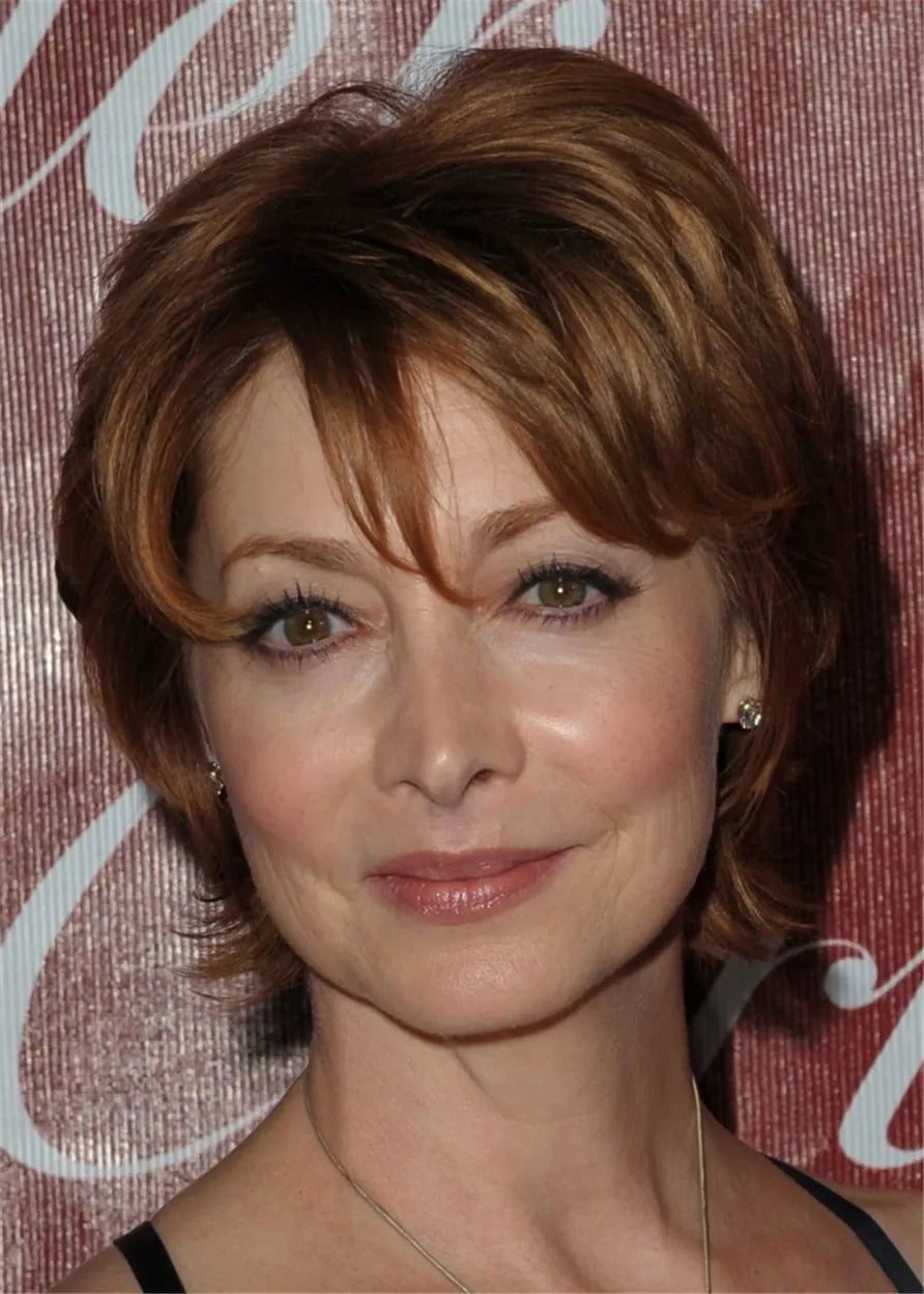 Short Straight Layered Human Hair Hair 12 Inches Wig for Older Women