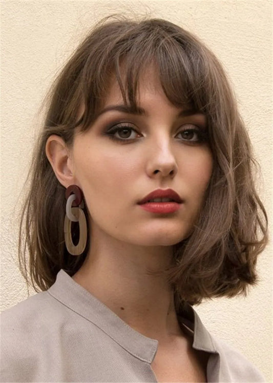 Messy Medium Bob Hairstyle	Natural Straight Human Hair Women Wig 16 Inches