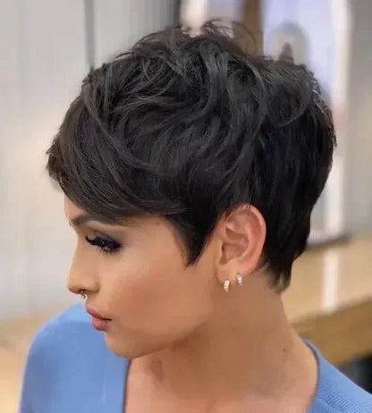 Human Hair Short Pixie Cut Wigs for Black/White Women Wavy Hair Wig with Bangs
