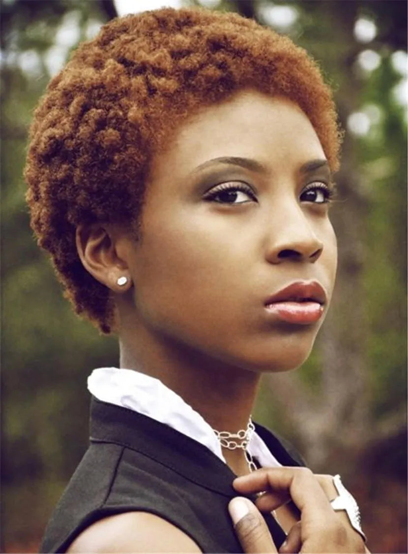 Cute Pixie Kinky Curly Human Hair For Round Face Blonde Brown Short Afro Lace Front Wigs Less Than 6 Inches