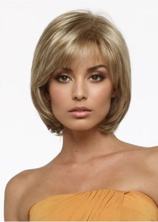 Women's Blonde Straight Bob Style Human Hair Wigs Capless Wigs With Bangs 10Inch