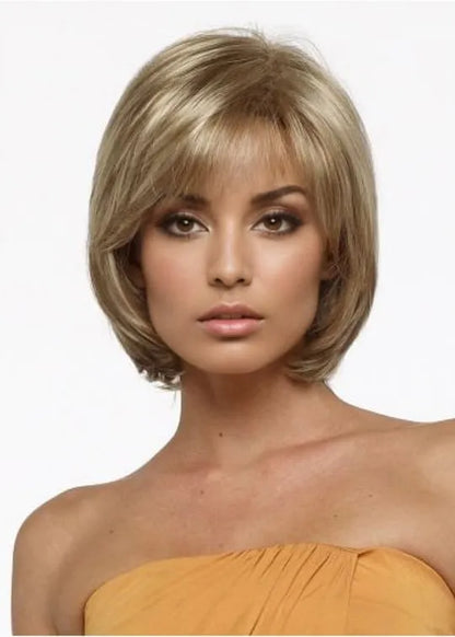 Women's Blonde Straight Bob Style Human Hair Wigs Capless Wigs With Bangs 10Inch