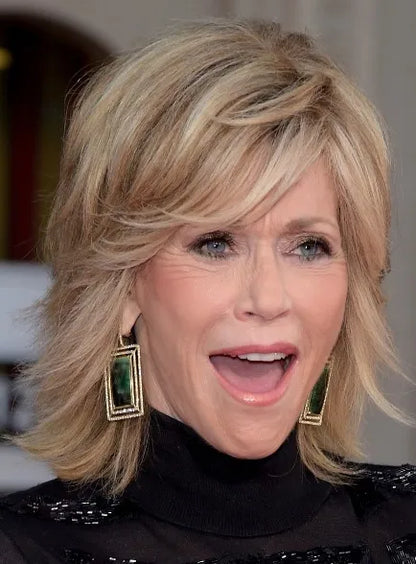 Jane Fonda Fluffy Medium Wavy Human Hair Capless Wigs 12 Inches
