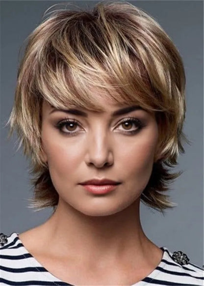 Women's Short Layered Straight Remy Human Hair Wig With Bangs 10 Inches