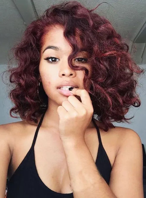 Black Women Medium Curly Lace Front Human Hair Wigs 14 Inches