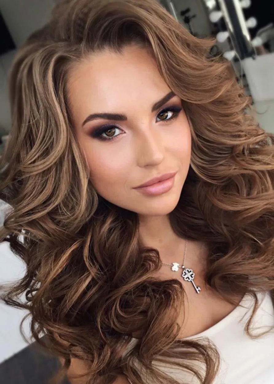 Long Big Curly Layered Hairstyle Full Fringe Synthetic Capless Women Wigs 24 Inches