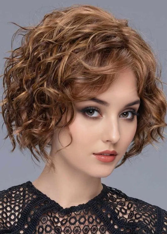 120% Density Women's Middle Length Brown Color Hairstyles Curly Human Hair Wigs Rose Lace Front Wigs 16Inch