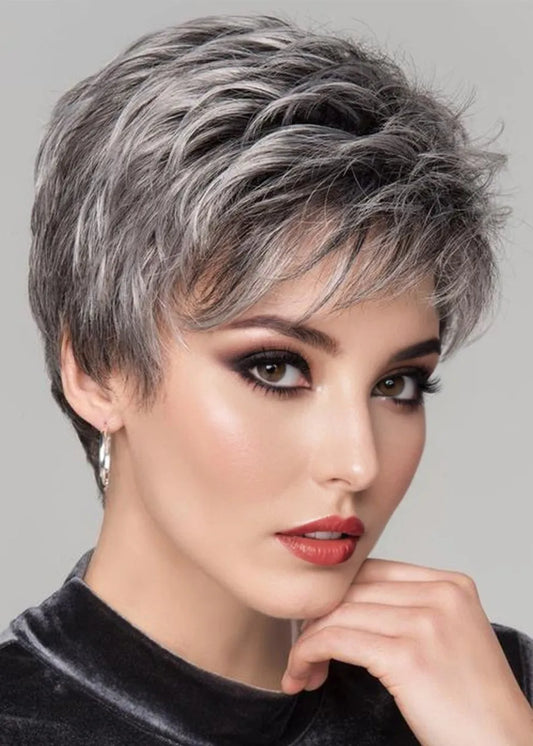 Women's Short Pixie Boy Cut Salt And Pepper Straight Synthetic Hair Capless Wigs 6Inch
