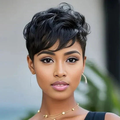Human Hair Short Pixie Cut Wigs for Black/White Women Wavy Hair Wig with Bangs