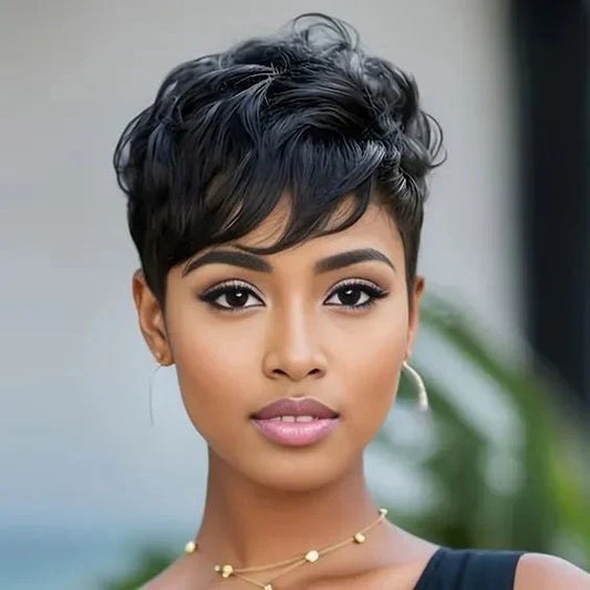 Human Hair Short Pixie Cut Wigs for Black/White Women Wavy Hair Wig with Bangs