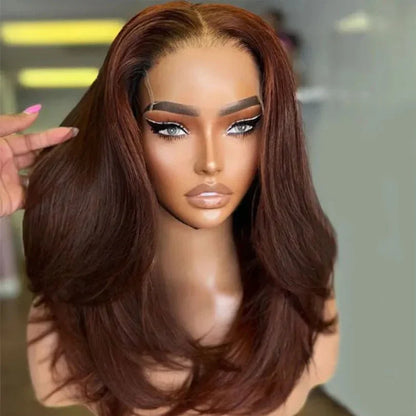 Middle Part Layered Wavy Auburn Brown Lace Front Wigs