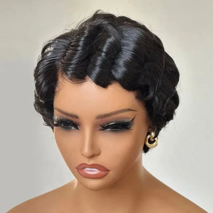 Retro Style Pixie Cut Finger Wave Wigs in Jet Black