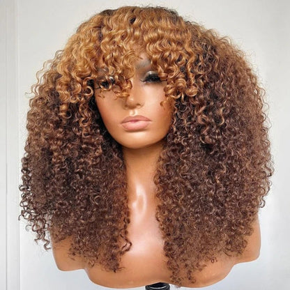 Unique Curly Brown Hair With Blonde Highlights Pre-Cut Wig