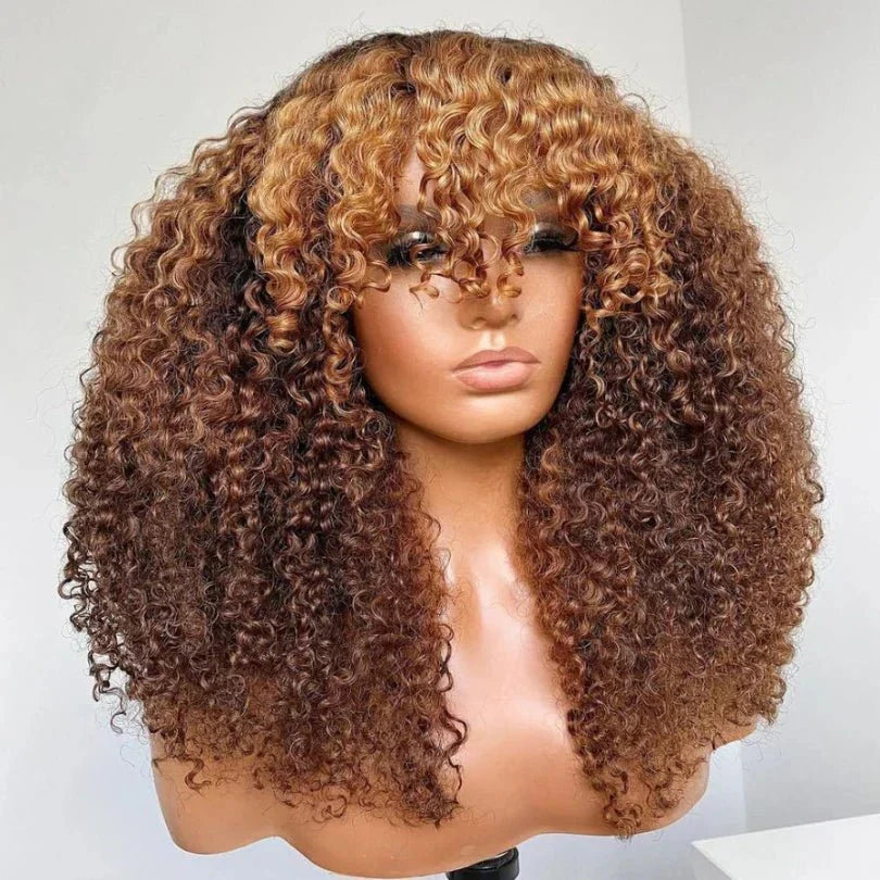 Unique Curly Brown Hair With Blonde Highlights Pre-Cut Wig