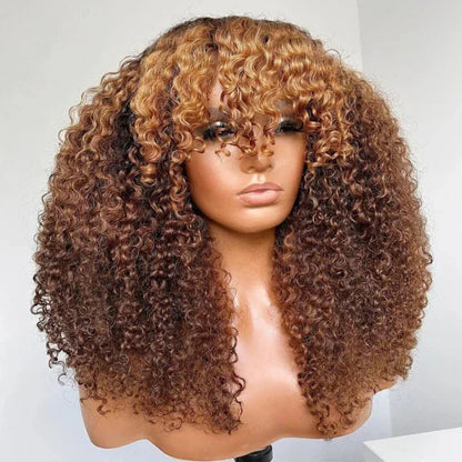 Unique Curly Brown Hair With Blonde Highlights Pre-Cut Wig