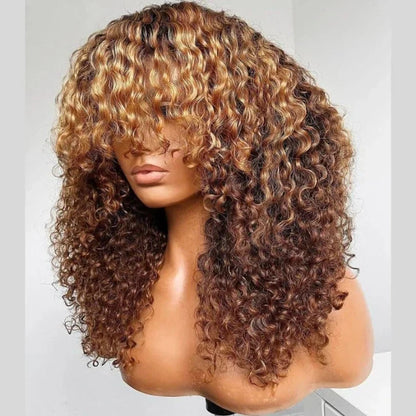 Unique Curly Brown Hair With Blonde Highlights Pre-Cut Wig